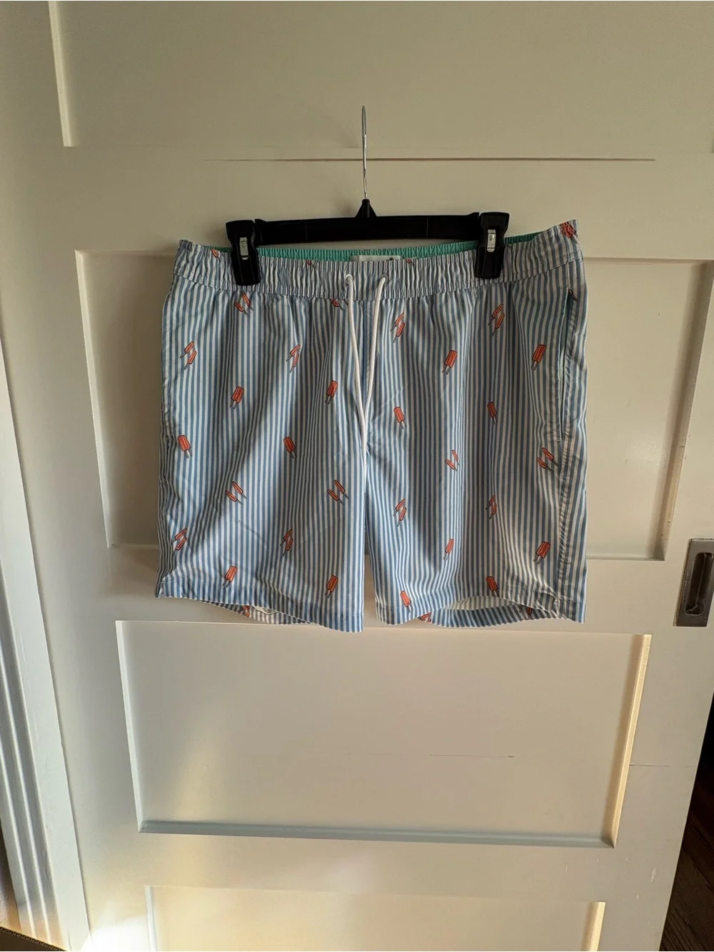 Bonobos Blue and White Striped Swim Shorts with Mint Lining